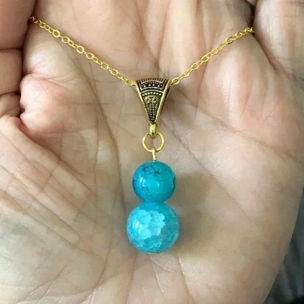 Teal Blue Sphere Dragon Vein 18k Gold Plated Chain Necklace NWT